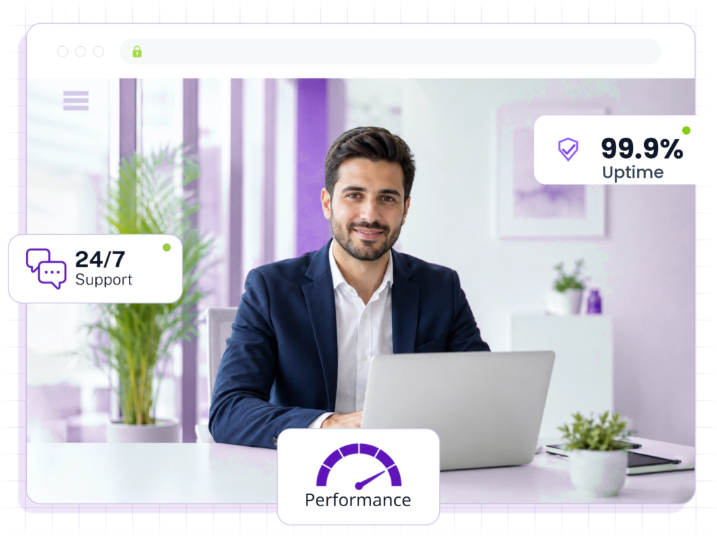 Shared web hosting dashboard showing 99.9% uptime, 24/7 support and fast performance