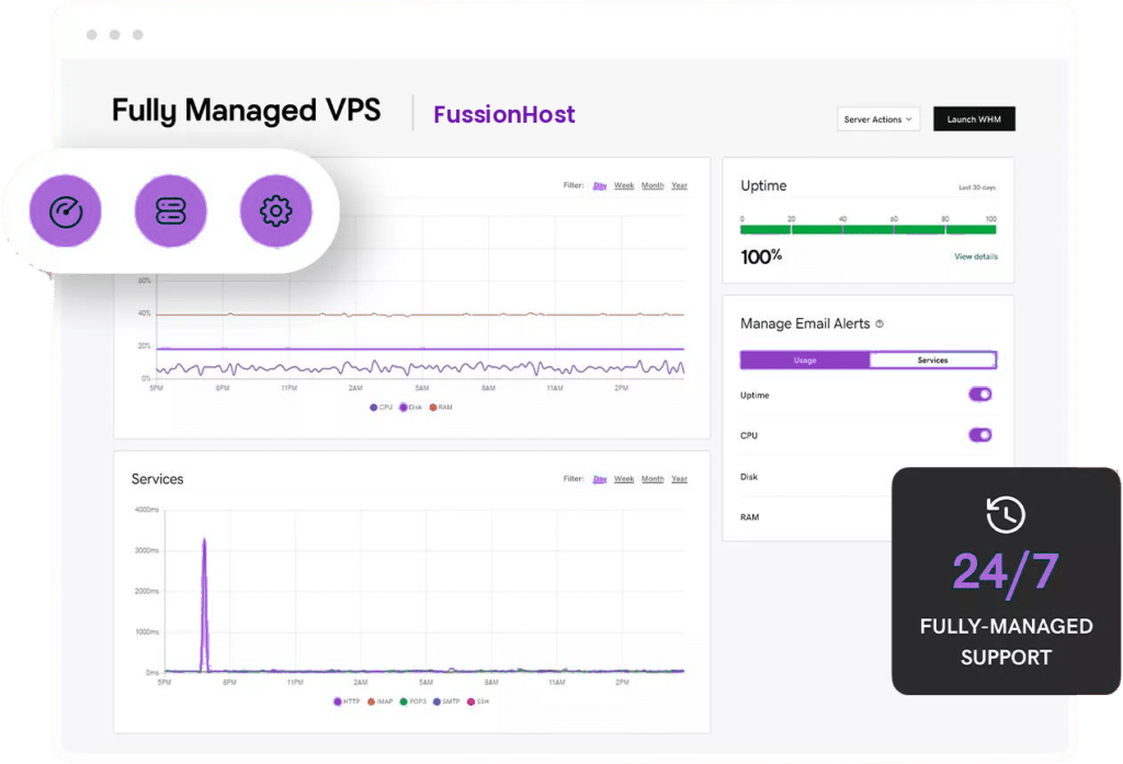 Managed VPS dashboard showing 100% uptime, CPU monitoring and service alerts