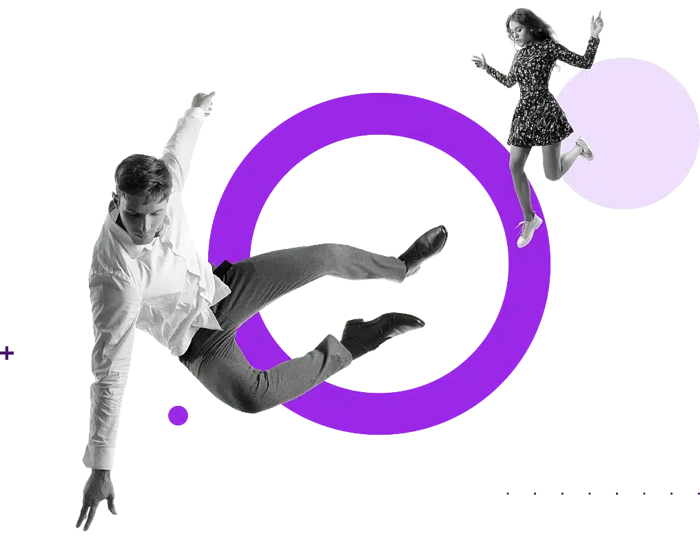 Two people leaping mid-air representing the FussionHost team